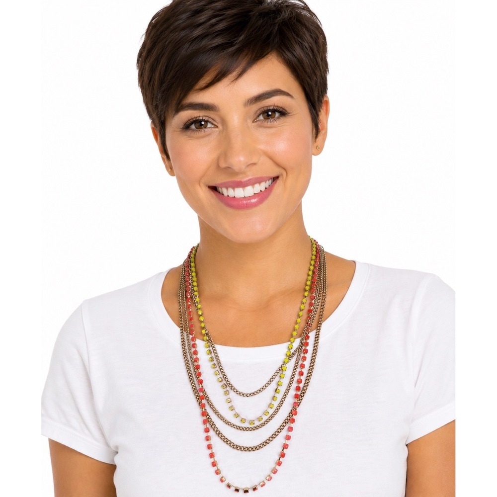 Neon Layered Necklace Gold Tone Pink Yellow Rhinestone Multi Strand Y2K 103-217